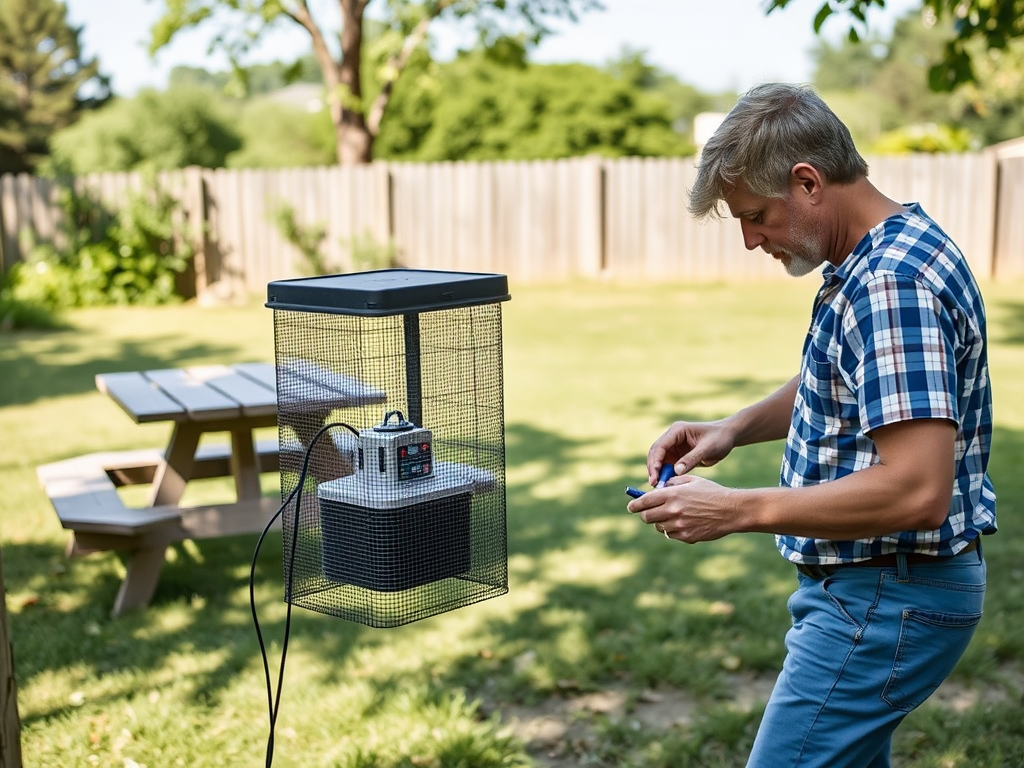 A man in a checkered shirt interacts with a device in a backyard, with trees and a picnic table in the background.