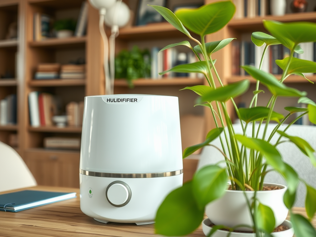 A humidifier sits on a wooden table next to a potted plant, with bookshelves visible in the background.