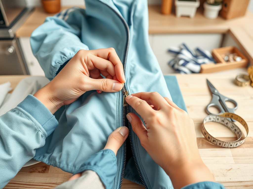 A person zips up a light blue jacket while sitting at a table with sewing tools and materials around them.