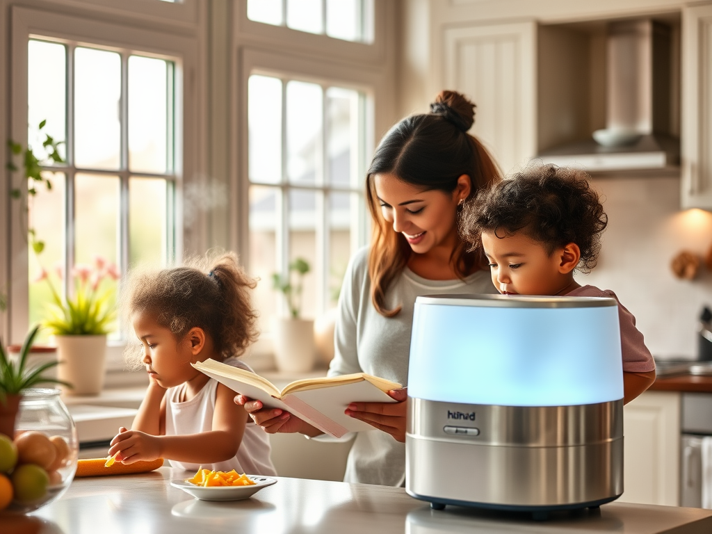 A mother reads a book in the kitchen while her children engage in activities nearby. A colorful appliance is visible.