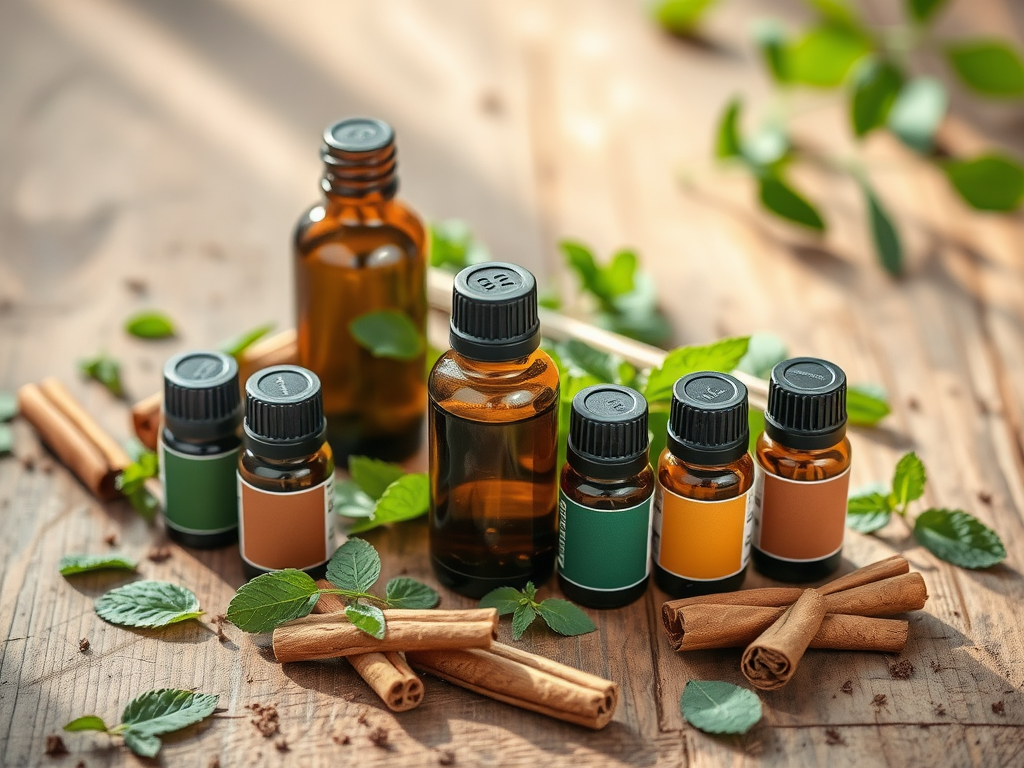 Bottles of essential oils on a wooden surface, surrounded by mint leaves and cinnamon sticks. Natural and aromatic setting.
