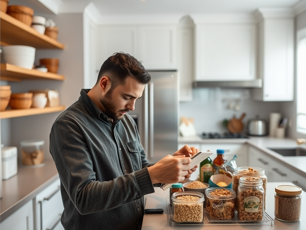 A man examines a grocery list in a modern kitchen, surrounded by jars of nuts, grains, and various ingredients.
