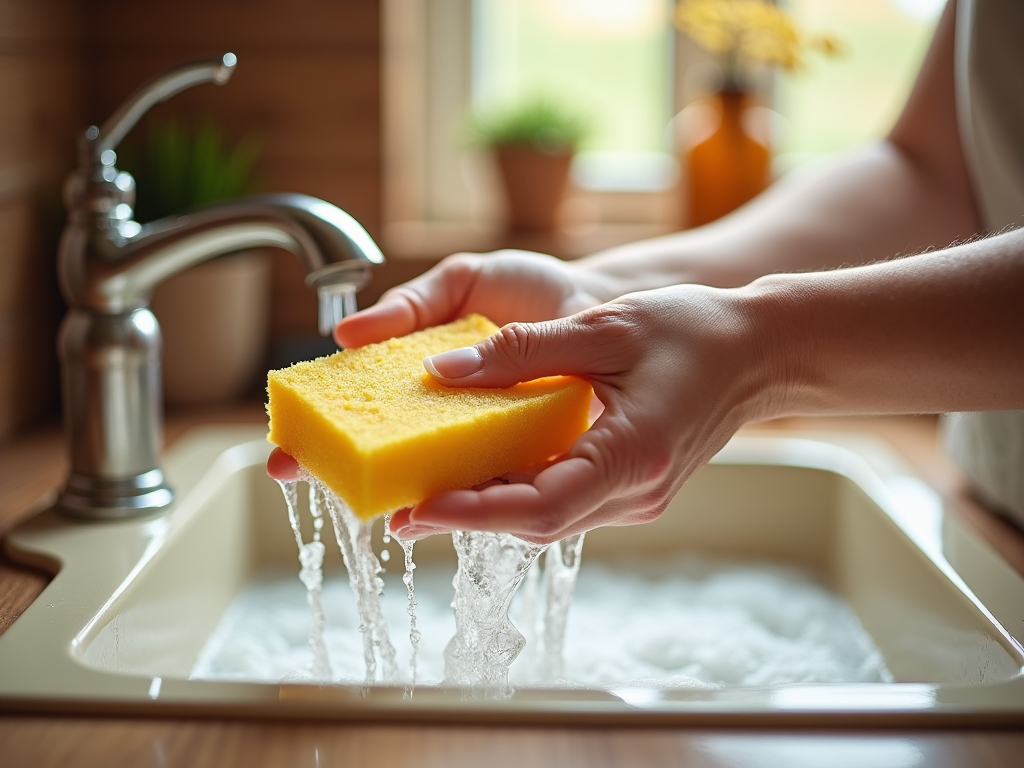 Person rinsing a yellow sponge under running tap water in a kitchen sink.